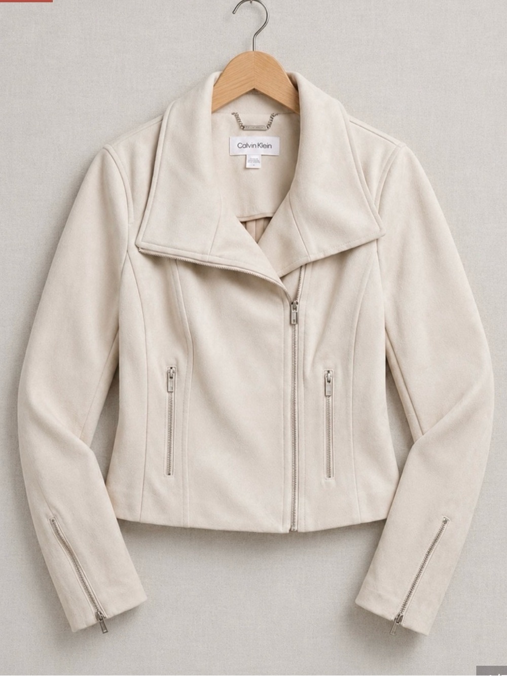 Calvin Klein Light Cream Suede Zip-Front Moto Jacket